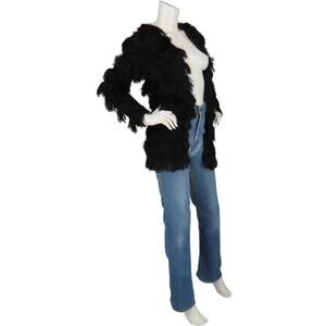 H&M Black Flapper Fuzzy Faux Fur Fringed Shaggy Knit Cardigan Sweater Jacket